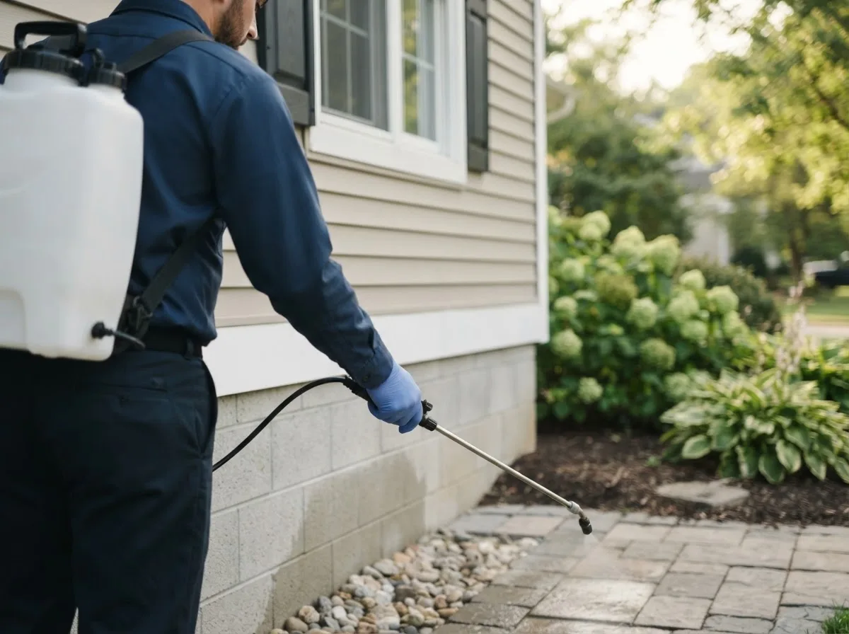 Pest control technician inspecting a home in Long Lane, MO